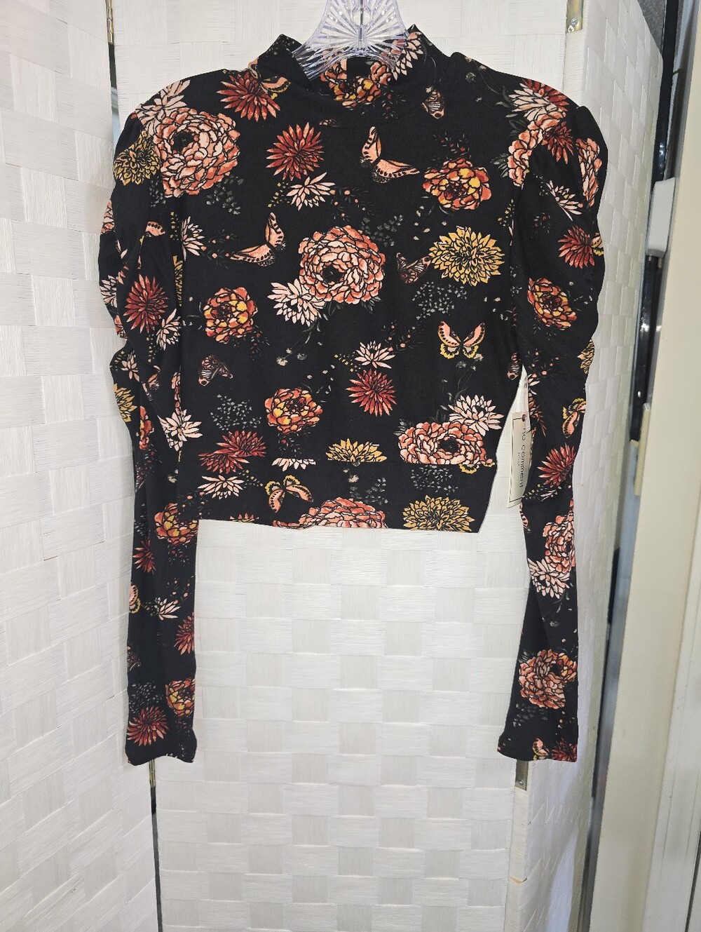 No Comment "Butterfly Garden" Mock Neck Long Sleeve Crop Top
